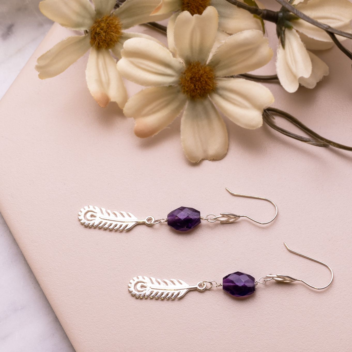 Amethyst And Peacock Feather Charm Earrings