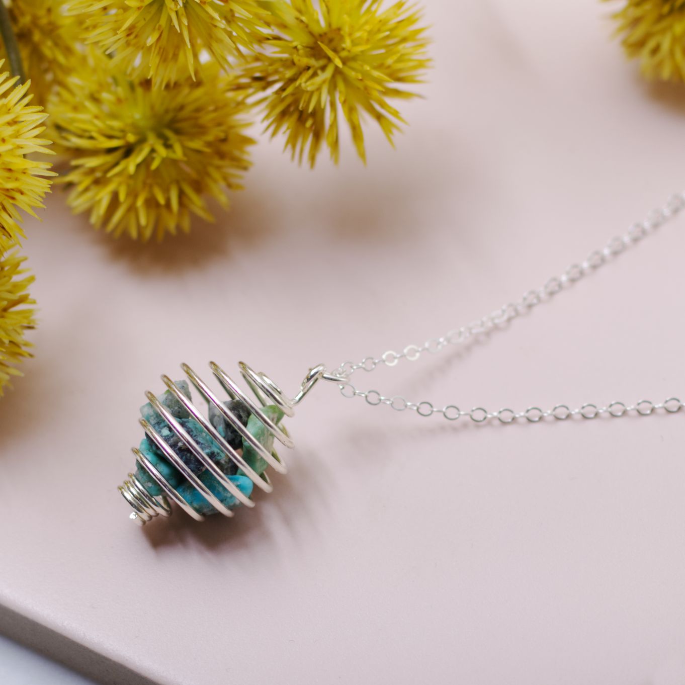 Turquoise Nugget Spiral Cage Pendant Necklace