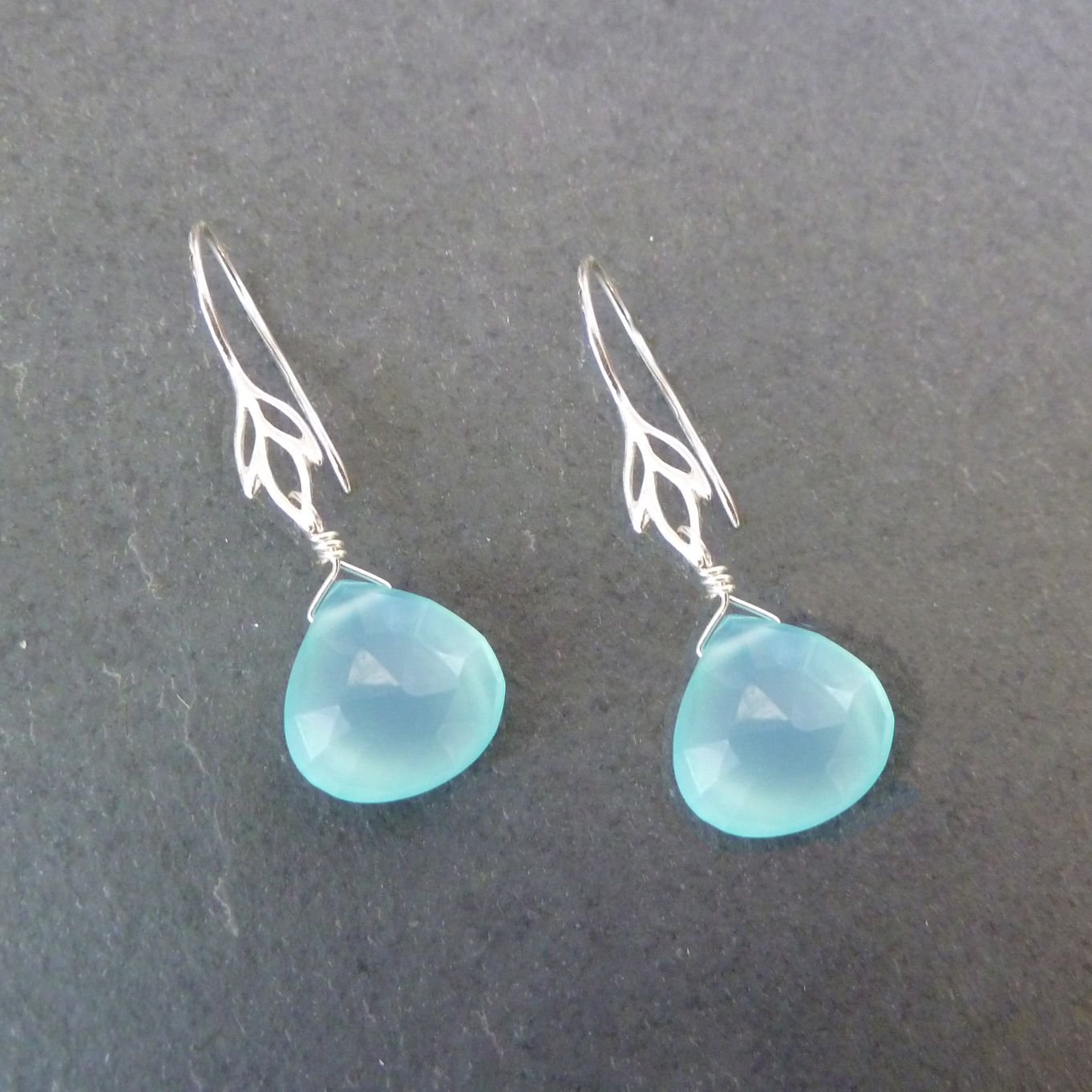 Aqua Blue Chalcedony Iris Flower Earrings