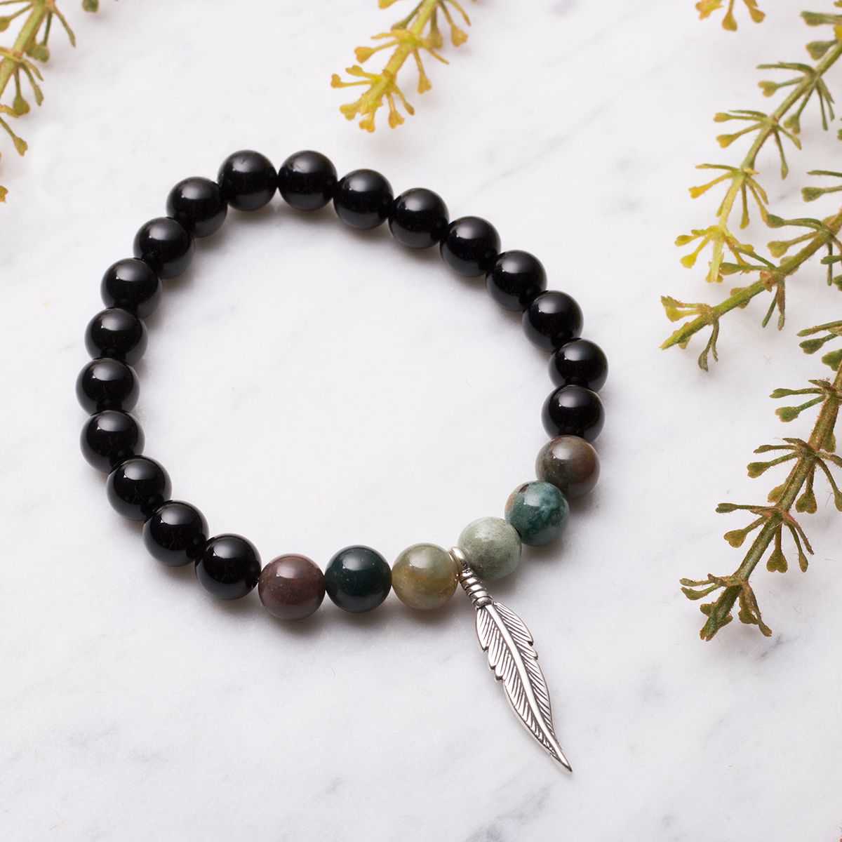 Onyx & Agate Feather Bracelet