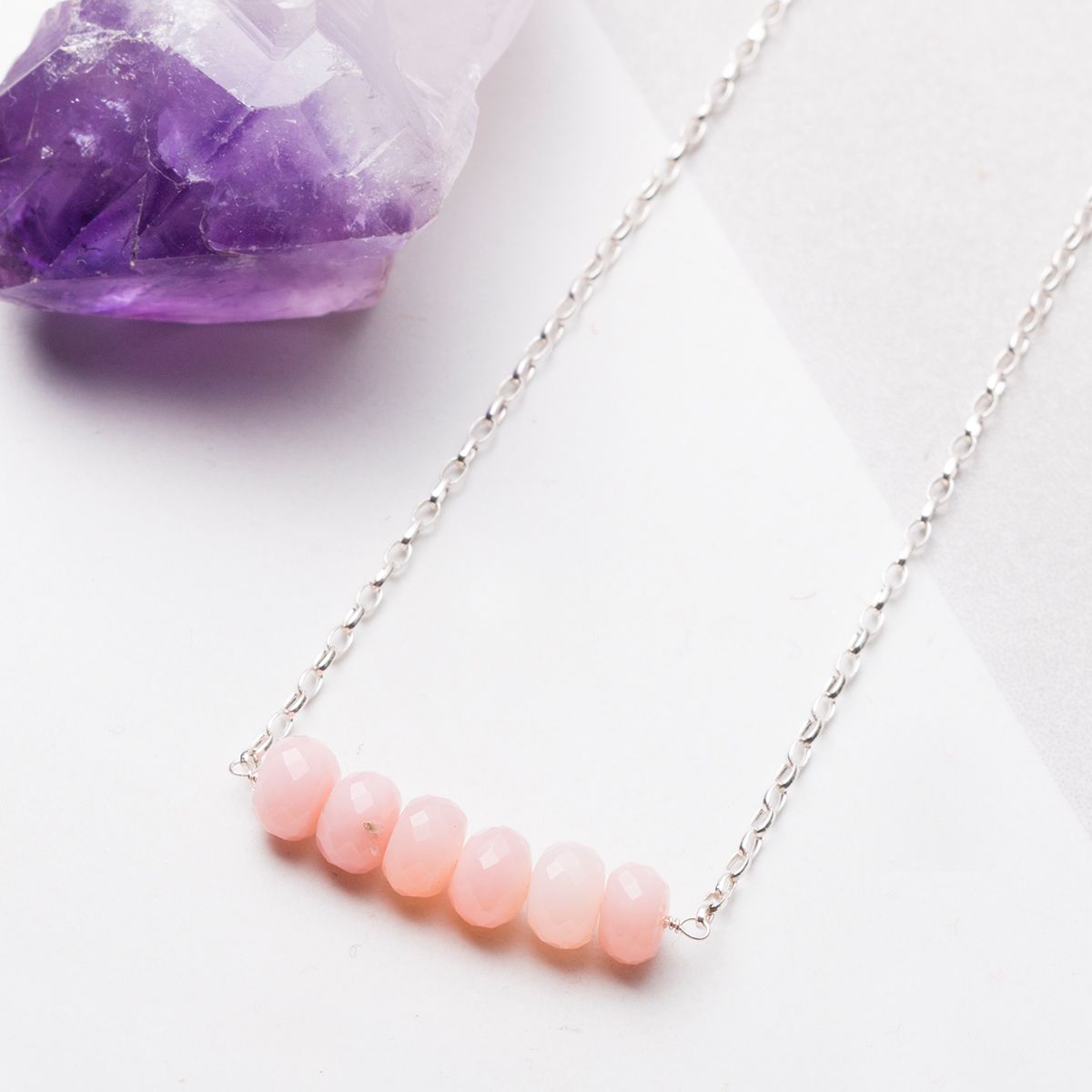 Pink Opal Bead Bar Necklace