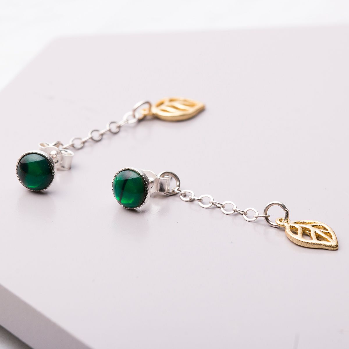 Green Paua Shell & Leaf Drop Earrings