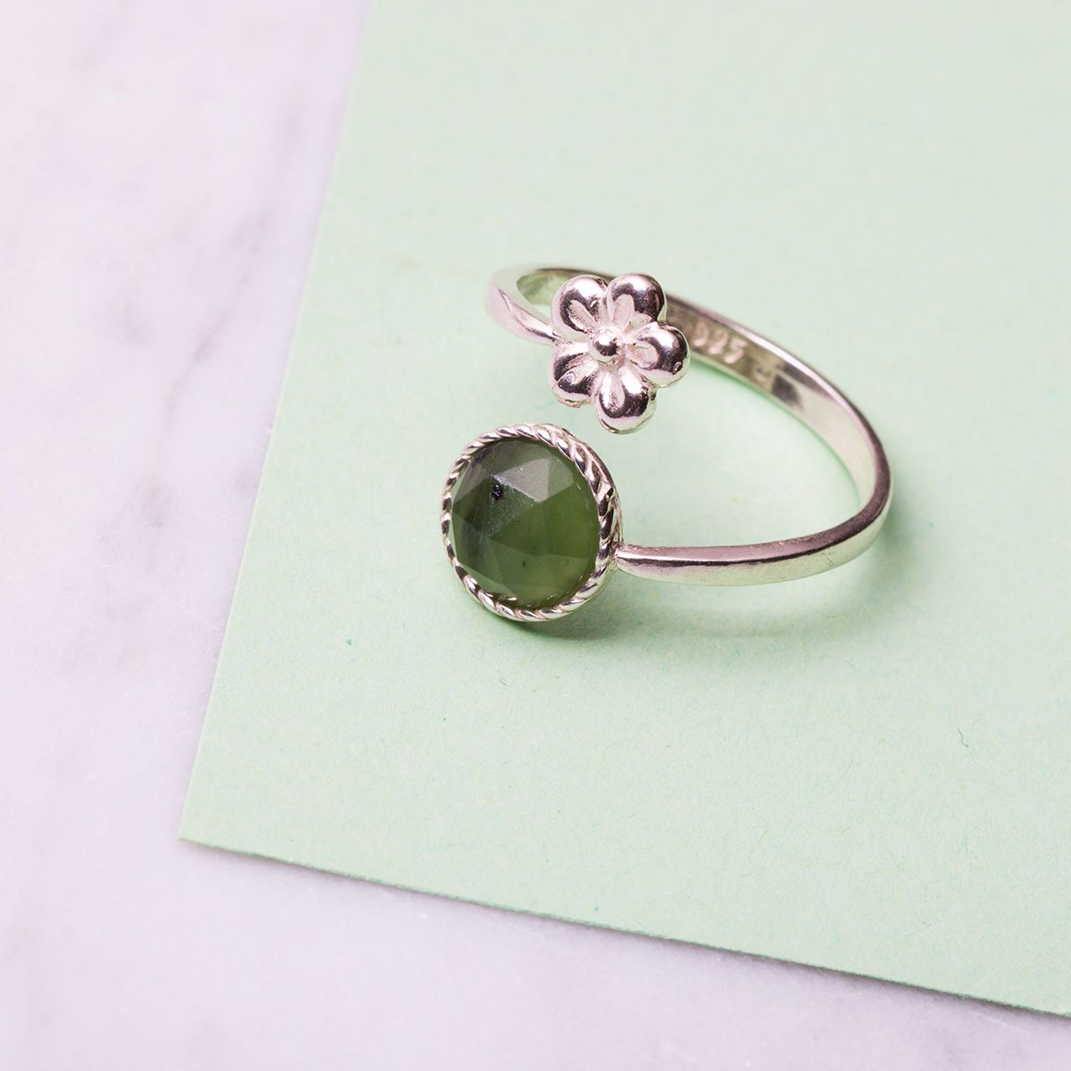 Sterling Silver Jade Flower Ring