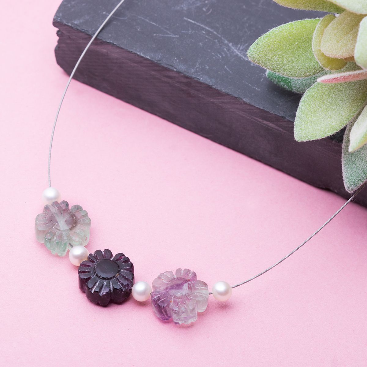 Flower Fluorite & Pearl Necklace