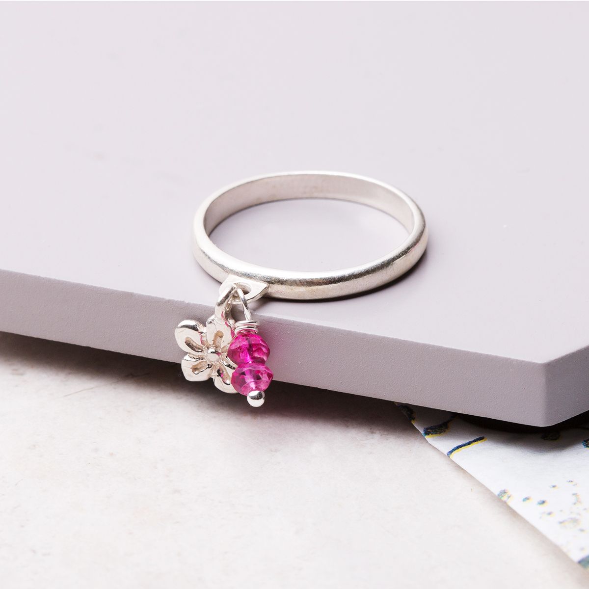 Flower & Pink Quartz Charm Ring