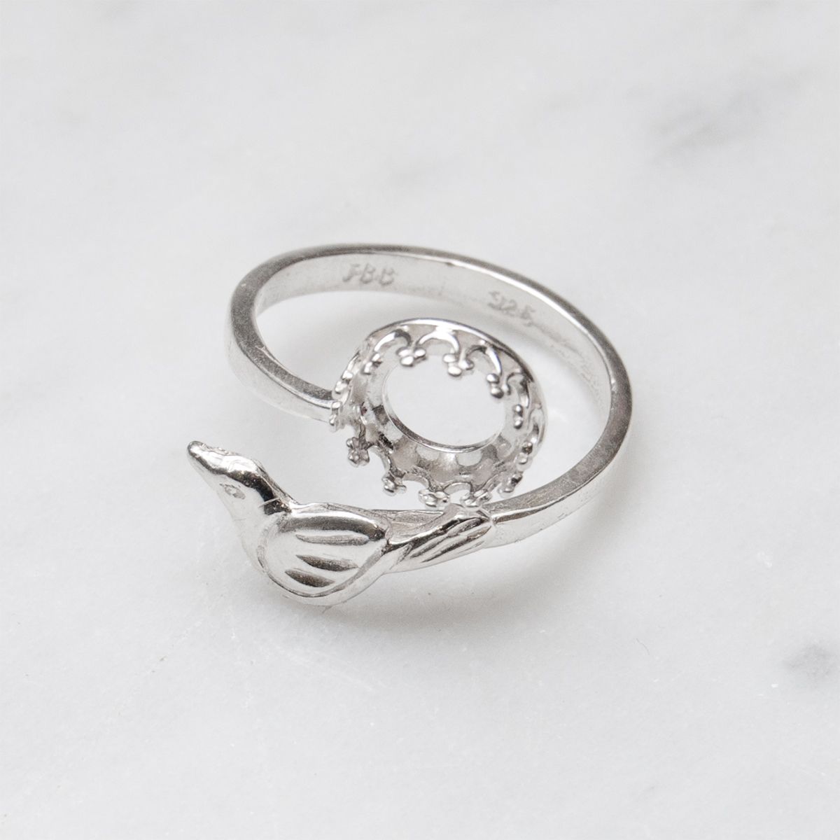 Sterling Silver Adjustable Gallery Wire Bird Ring For 8mm Round Cabochon