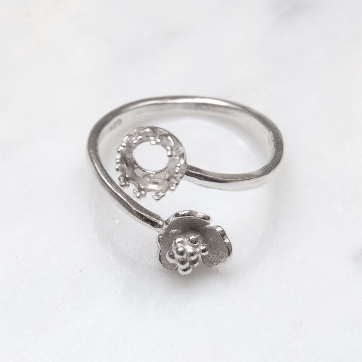 Sterling Silver Adjustable Gallery Flower Ring For 6mm Round Cabochon