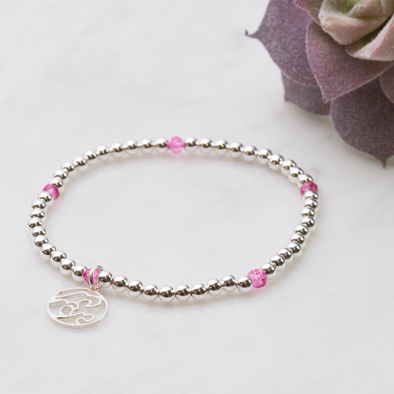 Pink Quartz & Silver Charm Elastic Bracelet