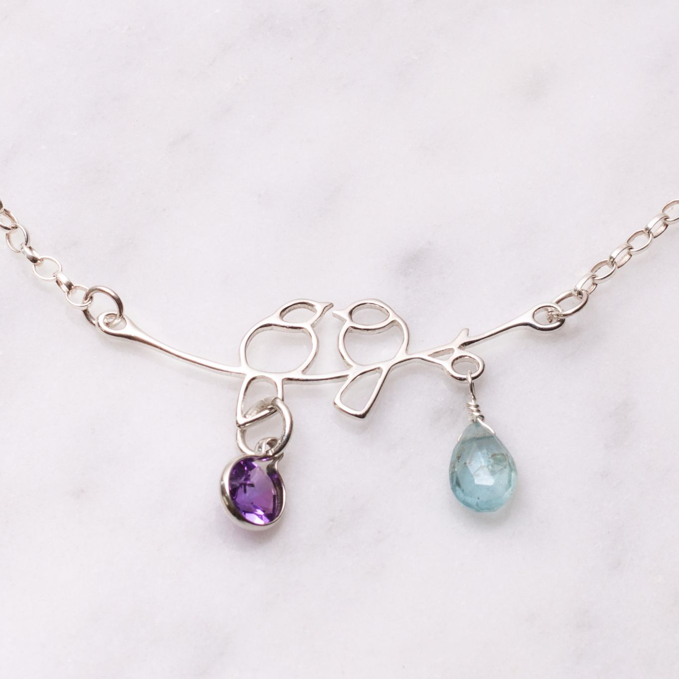 Amethyst & Aquamarine Lovebird Necklace