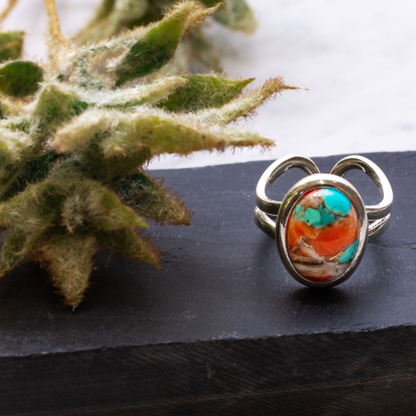 Spiny Oyster Turquoise Adjustable Ring