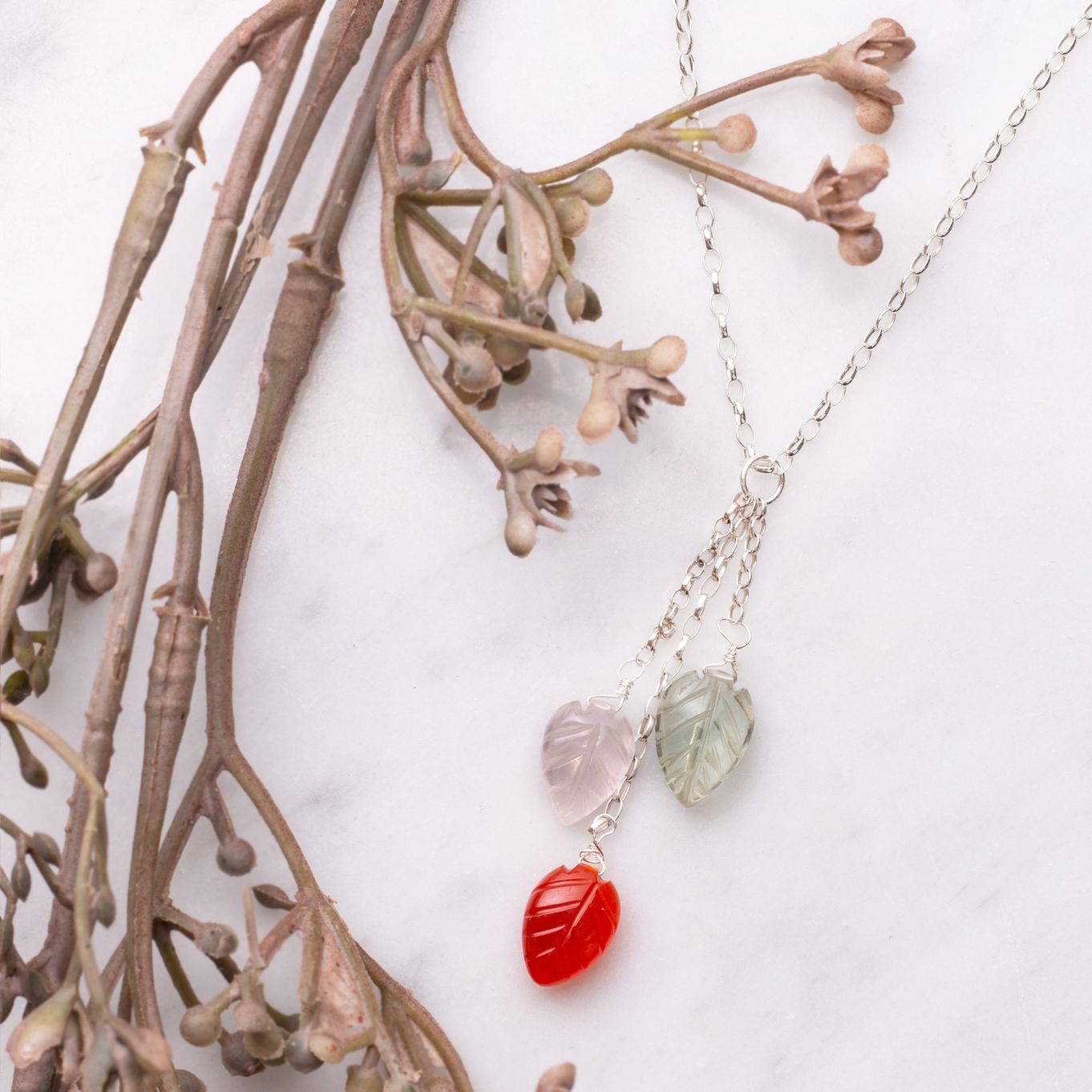 Rose Quartz, Carnelian & Green Amethyst Gemstone Leaf Necklace