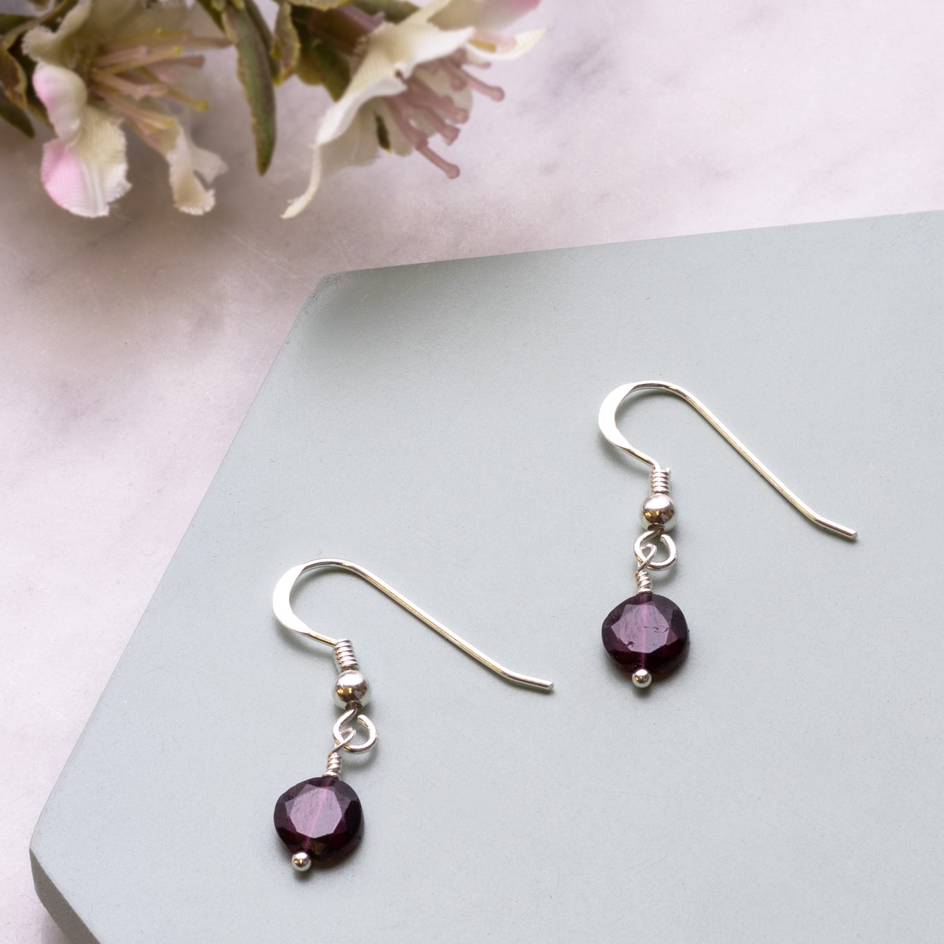 Garnet Silver Drop Earrings