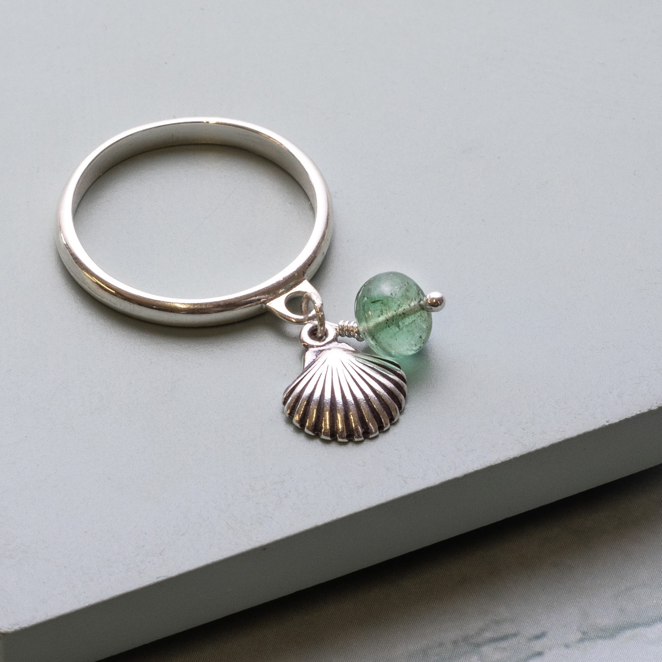 Aquamarine Bead And Scallop Charm Ring