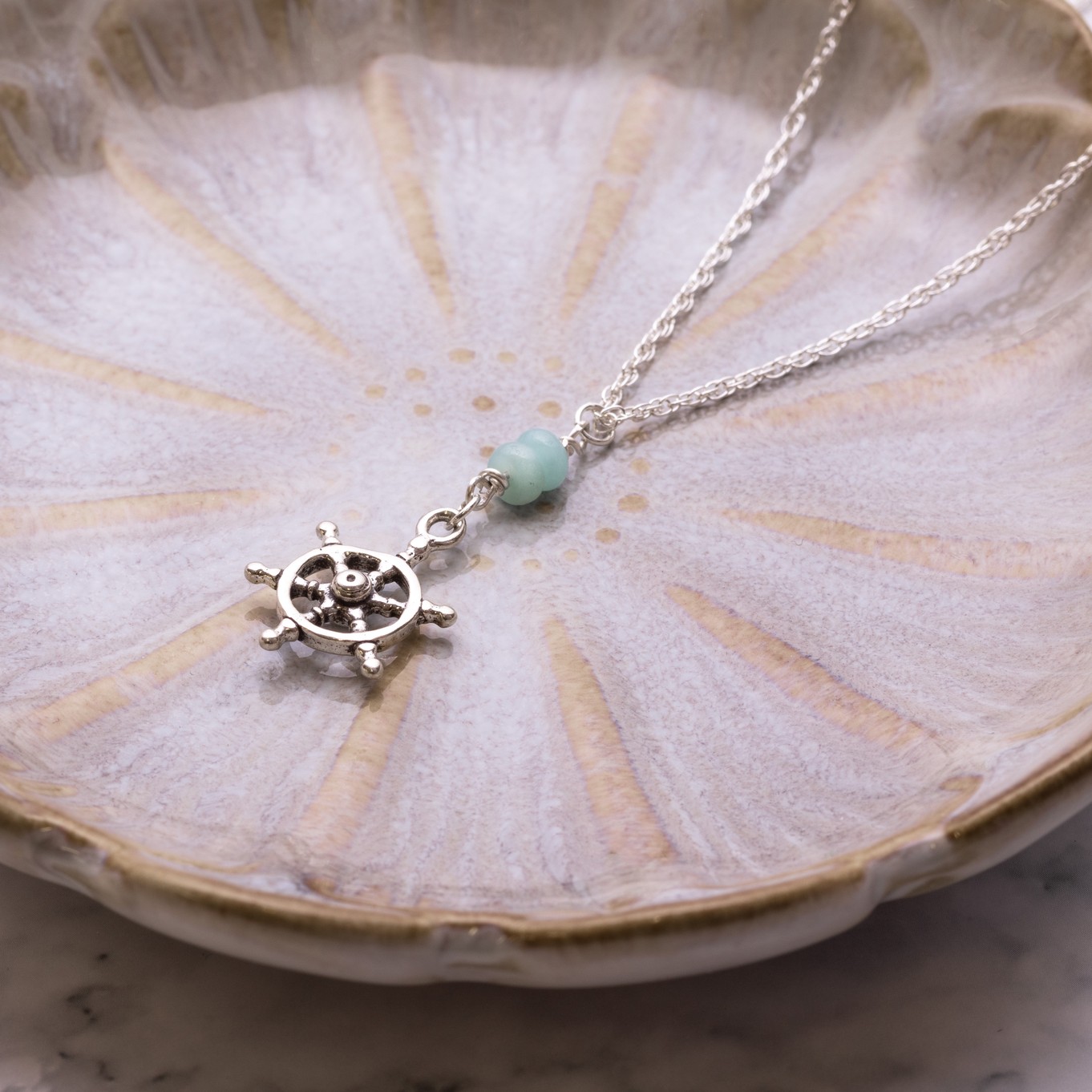 Nautical Ship Wheel Charm And Amazonite Necklace