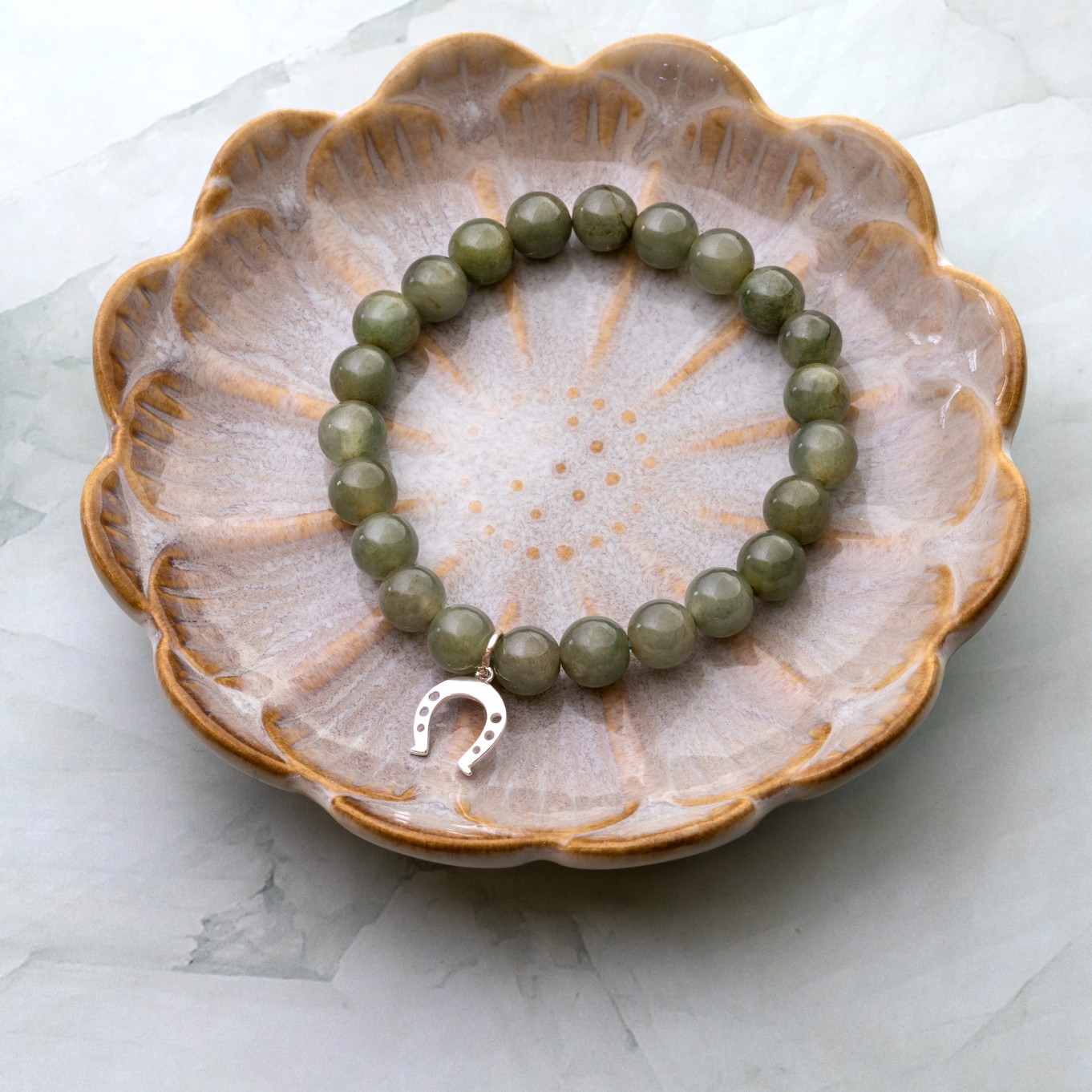 St. Patrick's Lucky Horseshoe Charm and Jade Bead Bracelet