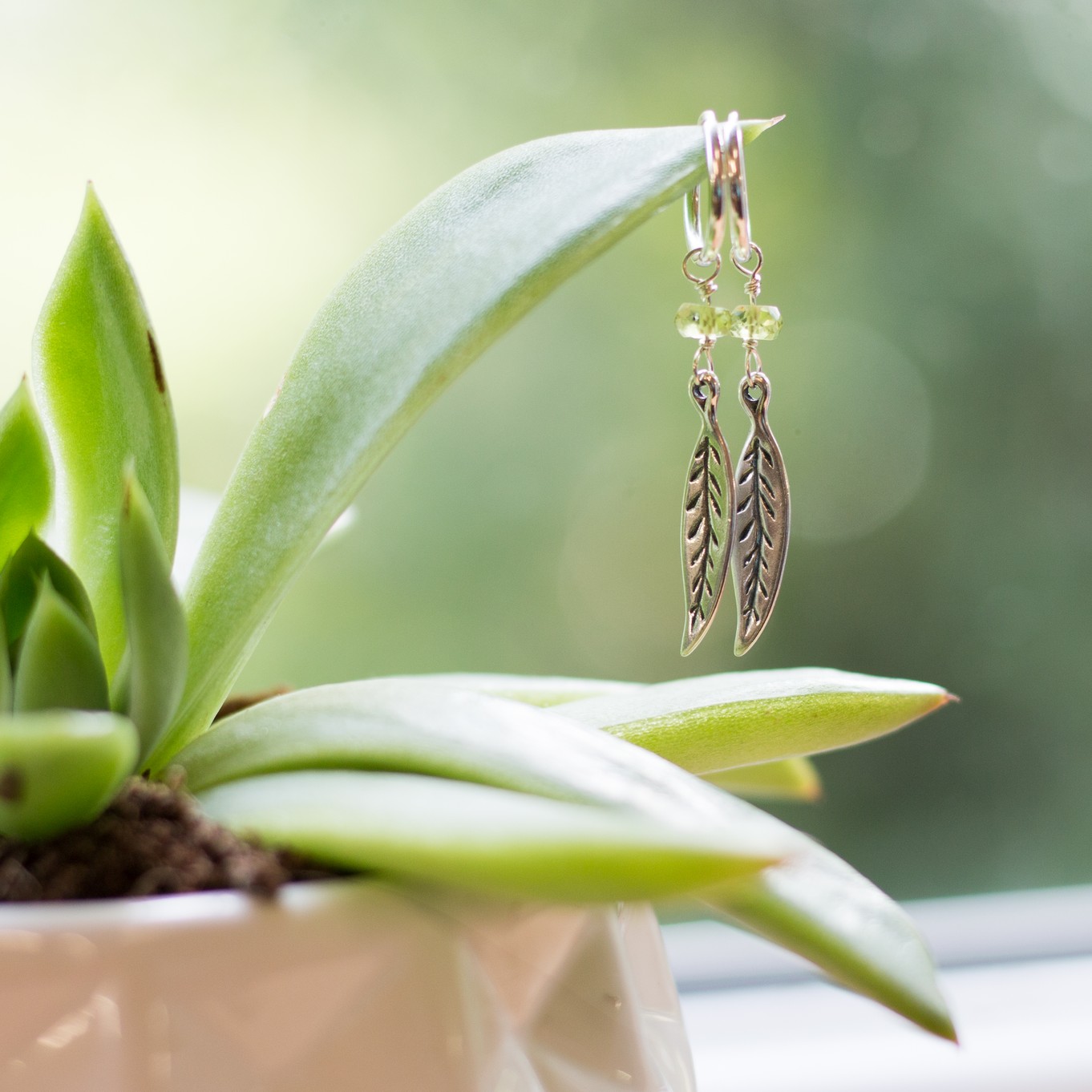 Peridot Leaf Hoop Earrings