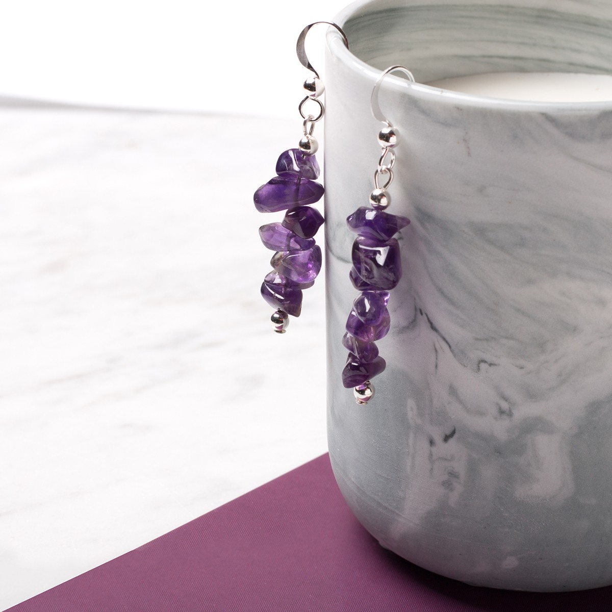 Amethyst Chip Bead & Silver Bead Earrings