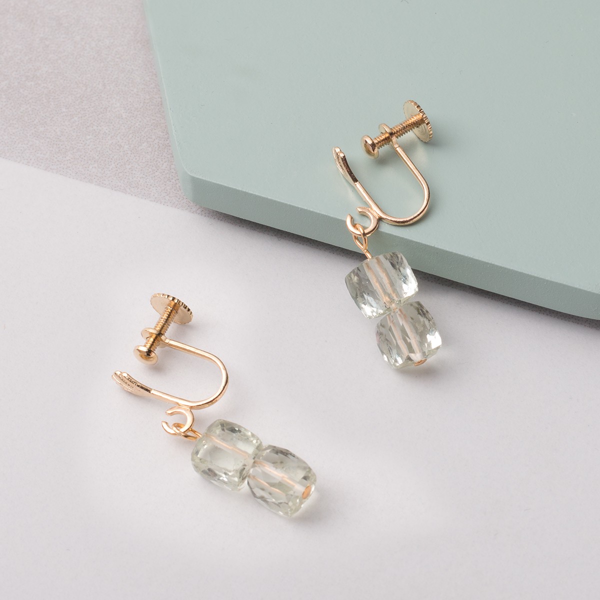 Gold & Green Amethyst Cube Ear Screws For Non Pierced Ears