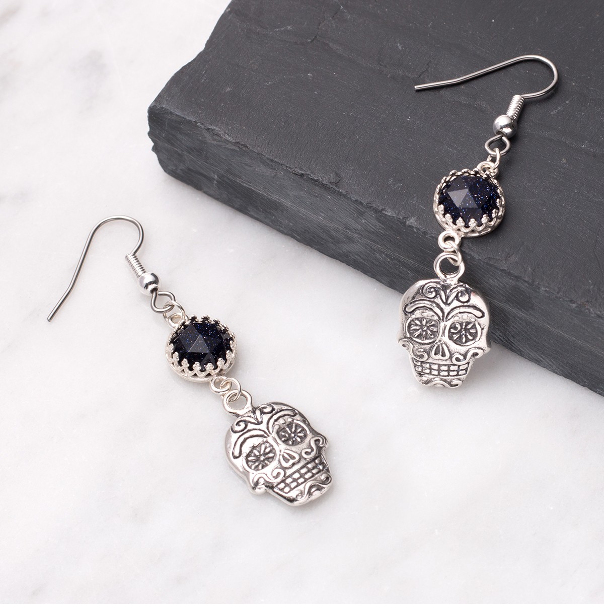 Blue Goldstone and Sugar Skull Earrings