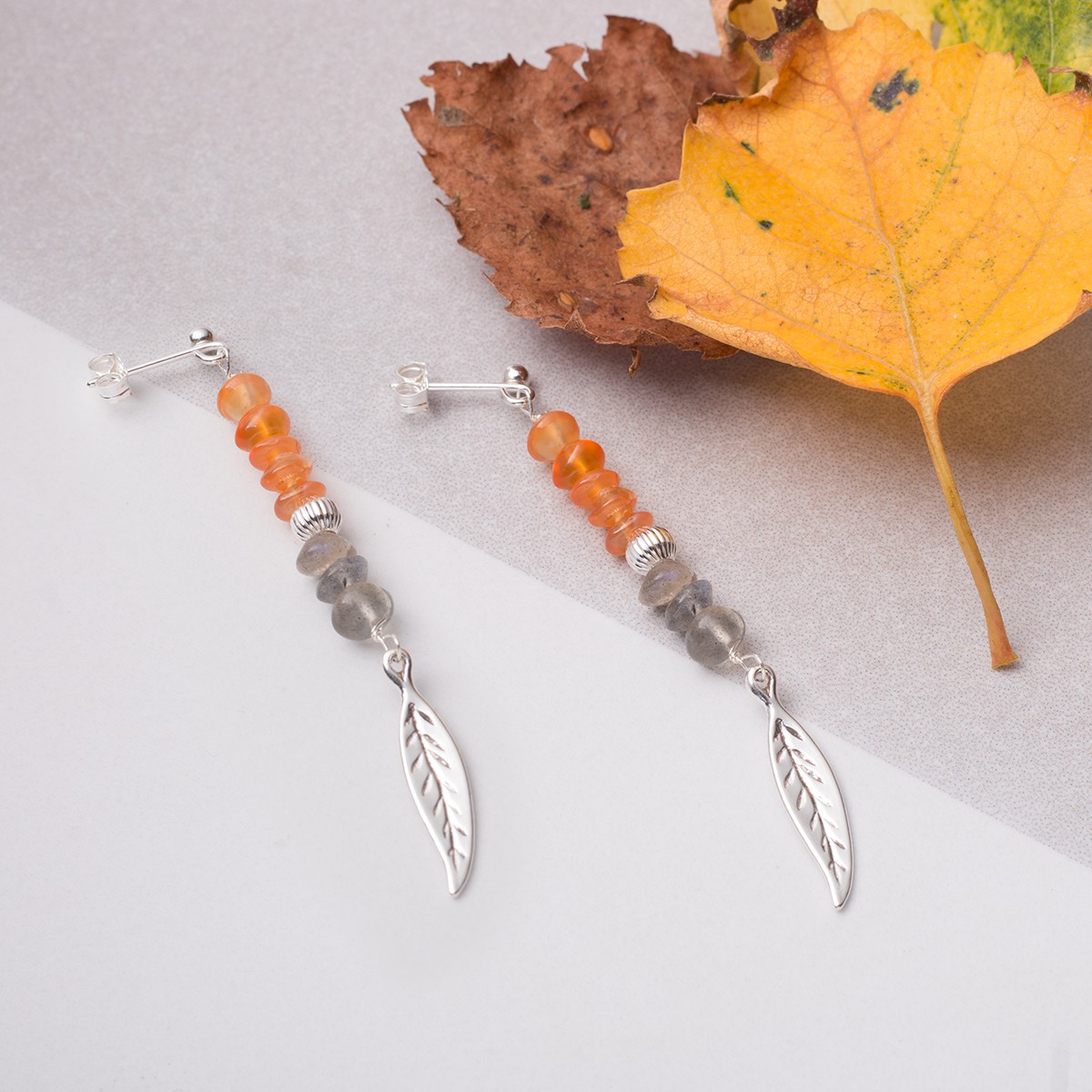 Autumnal Carnelian, Labradorite and Leaf Earrings