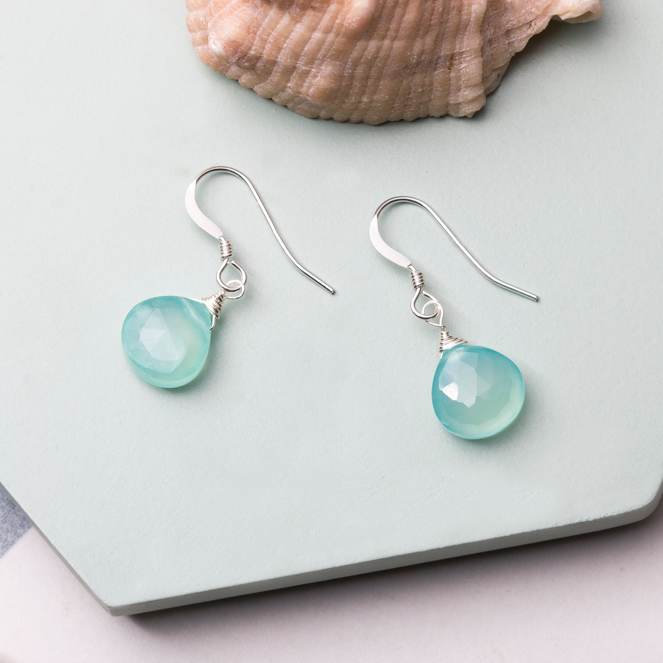 Wire Wrapped Aqua Blue Chalcedony Briolette Earrings