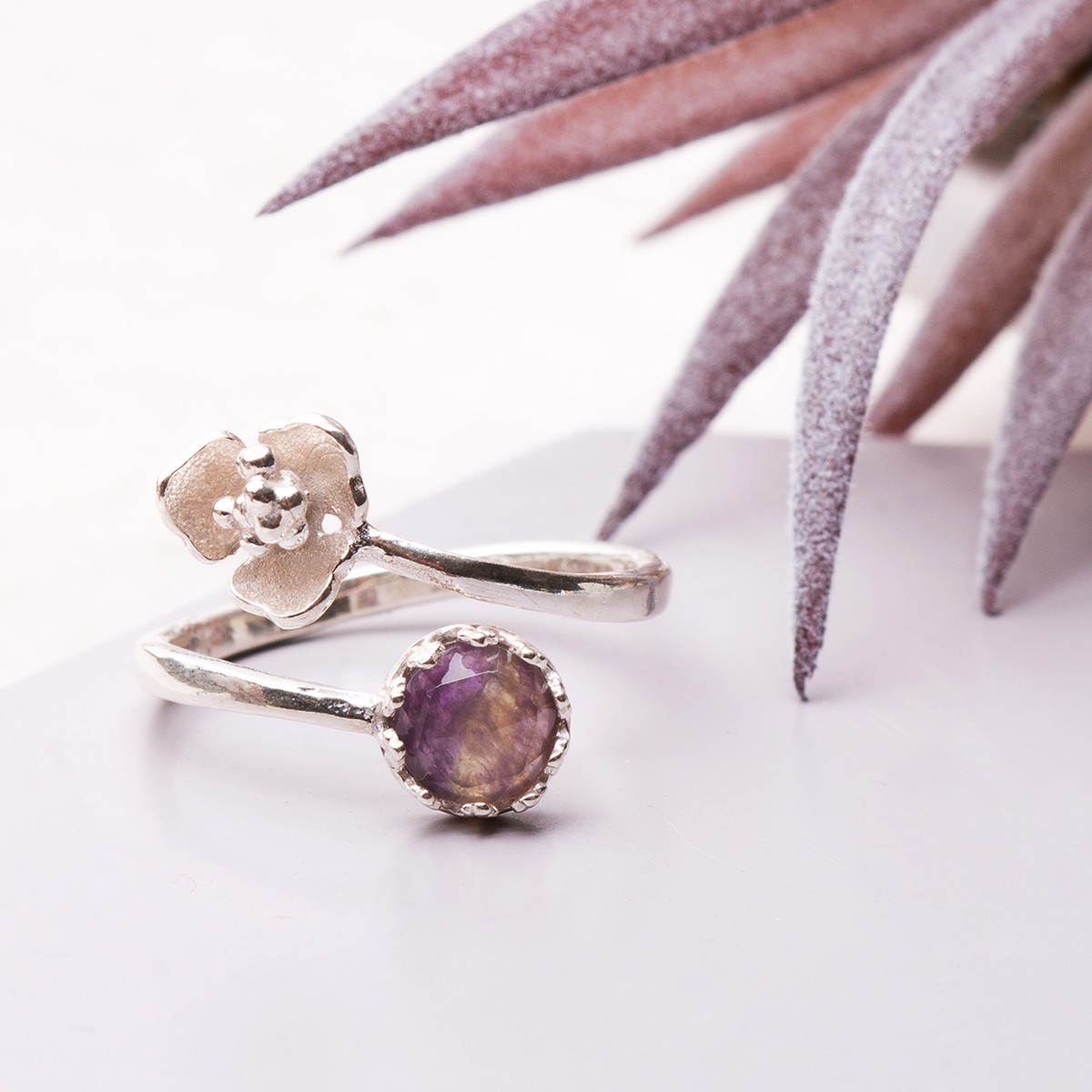 Rose Cut Amethyst Flower Ring