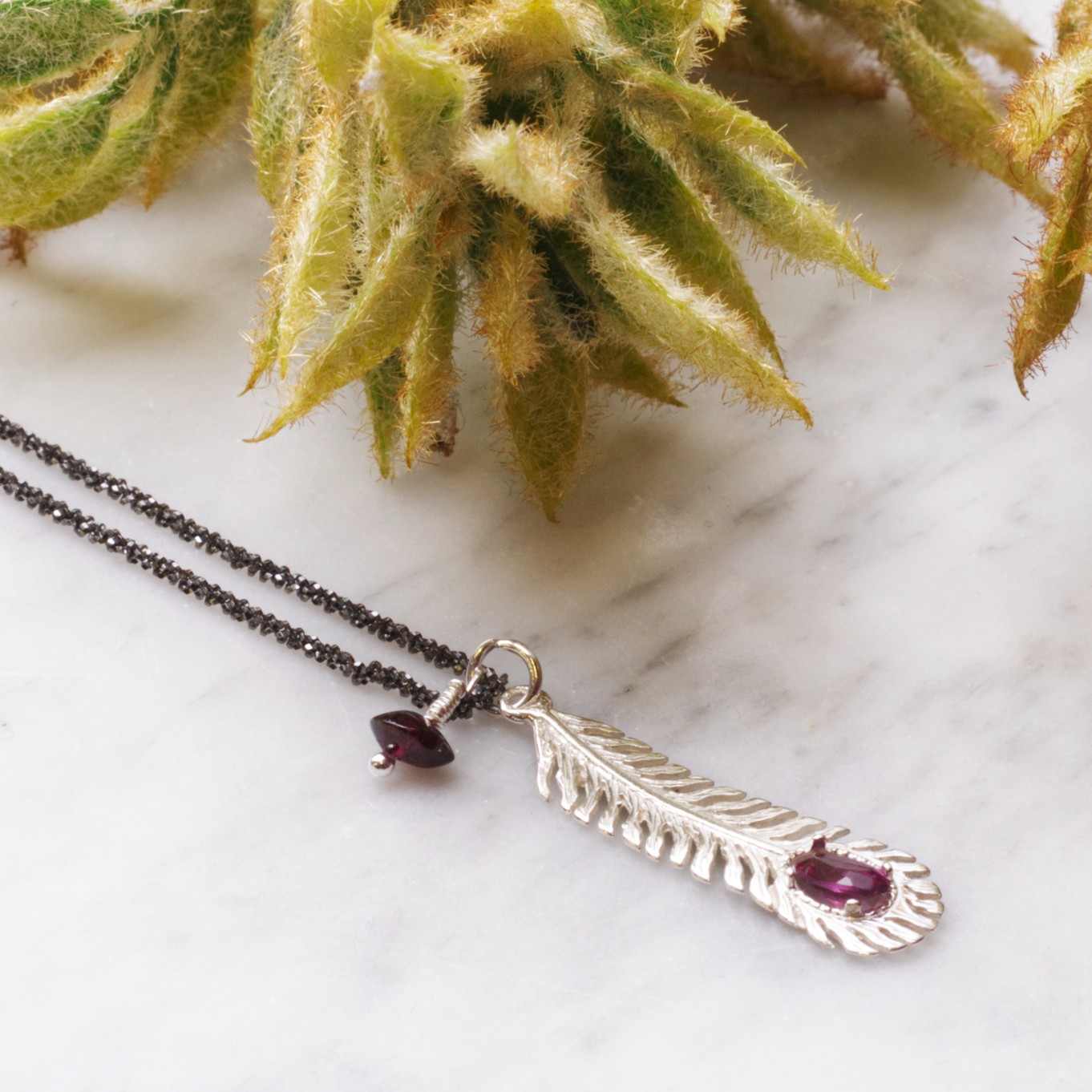 Sparkling Garnet Feather Necklace