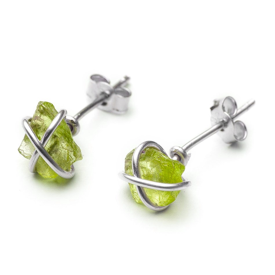 Rough Peridot Wire Wrap Stud Earrings