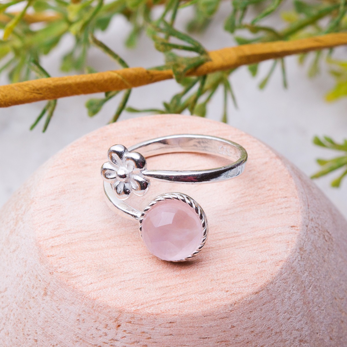 Rose Cut Rose Quartz Flower Ring