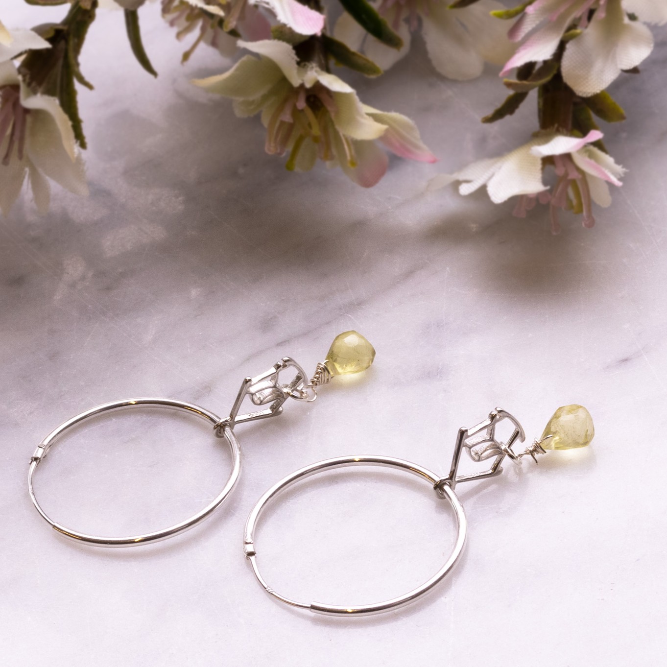 Lemon Quartz And Birdhouse Charm Hoop Earrings